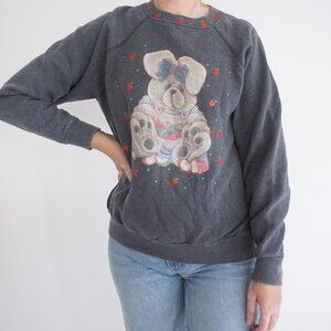 Vintage Tultex Grey Puppy Apple Graphic Sweatshirt 90s Sweater Grandmacore M